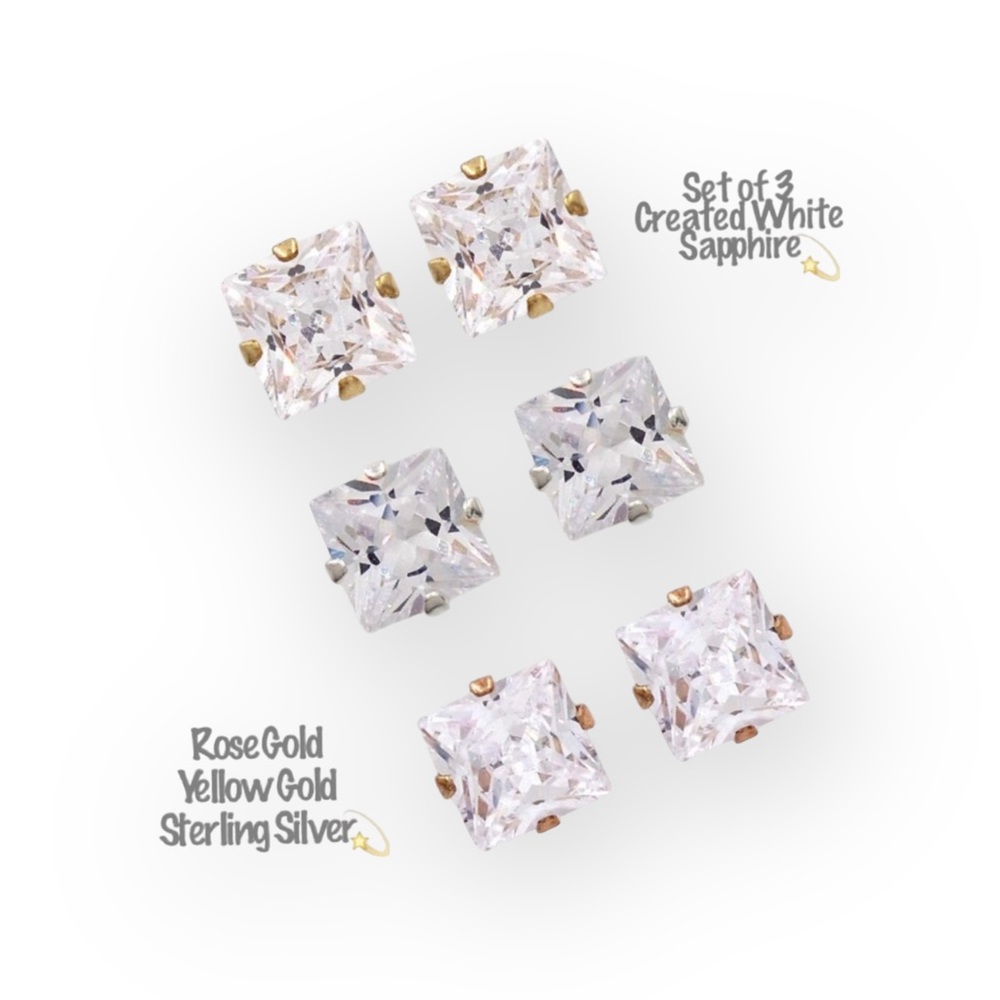 new ✦ White Sapphire Princess Cut Set of 3 Earrings ✦ Rose Gold 925 SS 18K GP ✦ - Picture 2 of 14